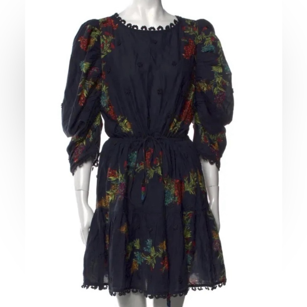 Farm Rio XS Louise dress (dark navy blackish) embroidered silky